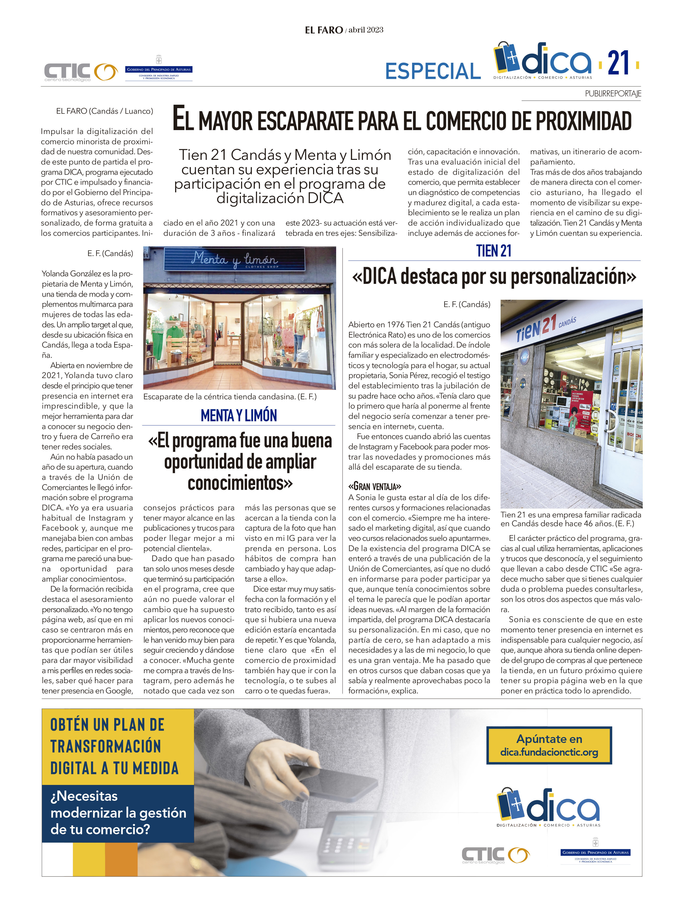 Publireportajes medios locales DICA. El Faro de Carreño y Gozón
